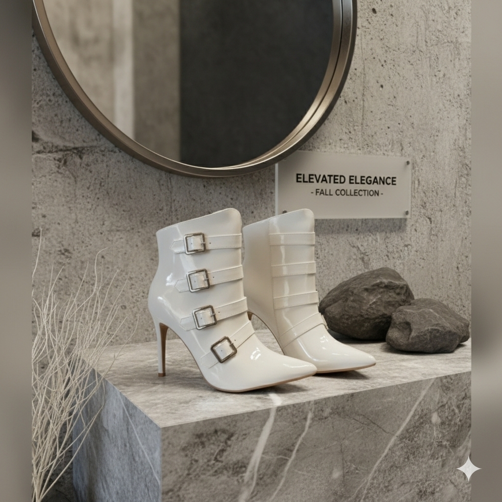Women's White Buckle Ankle Boots